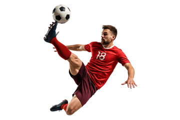 Soccer Player in Action: A dynamic soccer player executes a powerful overhead kick, the ball suspended in mid-air against a clean background, capturing the raw energy and skill of the sport.