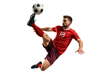 Soccer Player in Action: A dynamic soccer player executes a powerful overhead kick, the ball suspended in mid-air against a clean background, capturing the raw energy and skill of the sport.