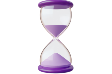 Purple hourglass with flowing sand symbolizing the passage of time and urgency in a minimalist design