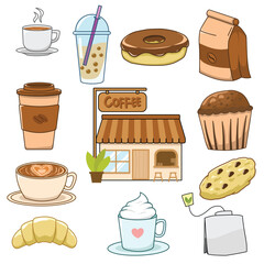 Coffee shop elements vector collection in cartoon style. Flat design clip art of food and drinks