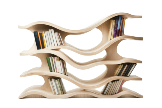 Unique modern bookshelf design with flowing lines showcasing various books on a transparent background