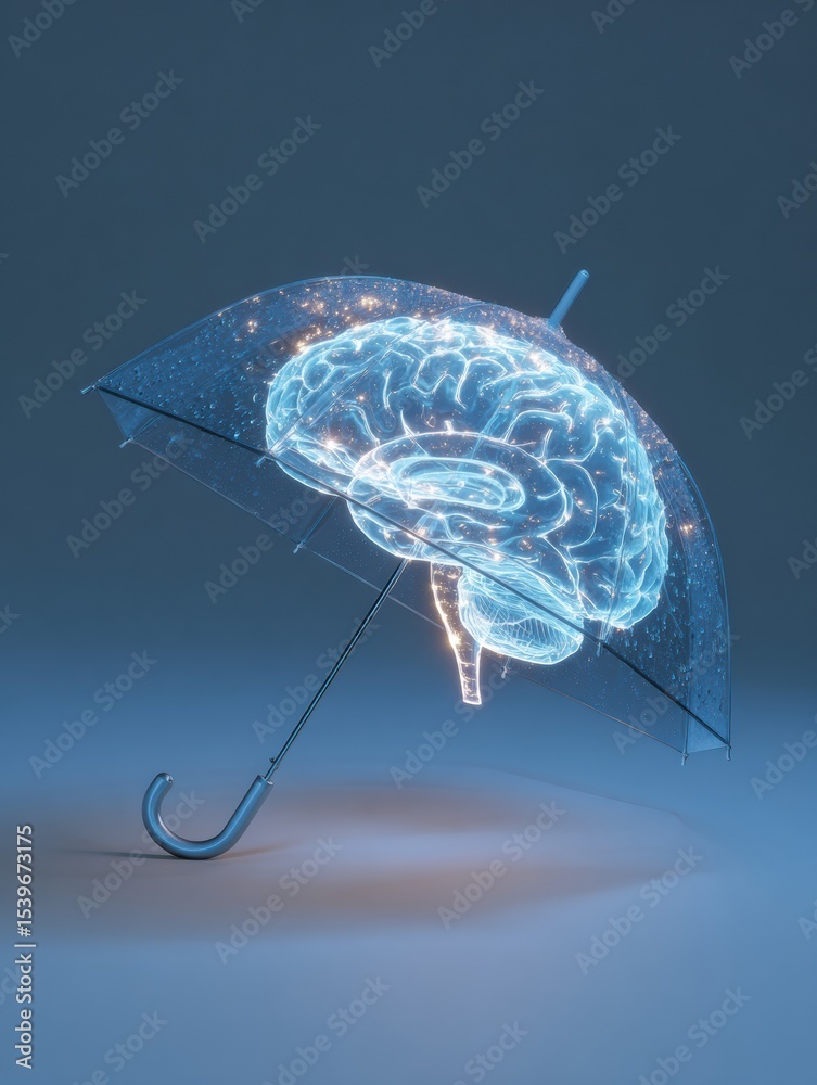 Aufkleber creative visualization of rain falling inside a transparent umbrella shaped like a brain, illustrati