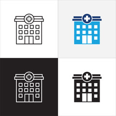 Hospital icon. Healthcare icon. Icon symbol of clinic, health center, hospital building, red cross, medication place. Vector illustration. Thin line and flat solid design.