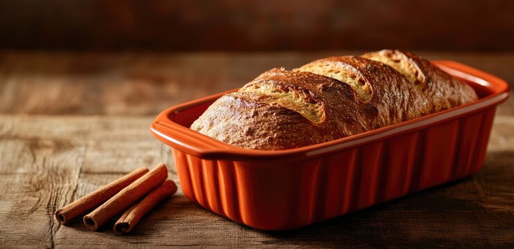 Orange loaf pan with baked bread and cinnamon sticks on a rustic wooden table