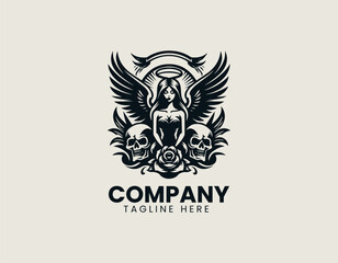 Fototapeta premium Geometric winged female silhouette with integrated skull elements for a modern vector logo identity