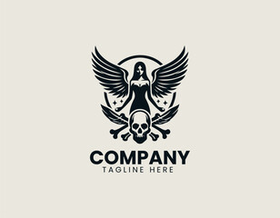 Obraz premium Mythological winged woman with skull-faced visage in an ornate gothic vector logo illustration