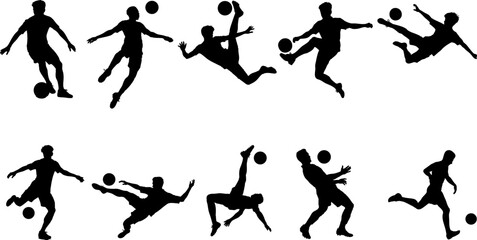 Set of vector silhouettes showing soccer players in various dynamic action poses. Ideal for sports designs, branding, advertising, infographics, and athletic-themed creative projects.