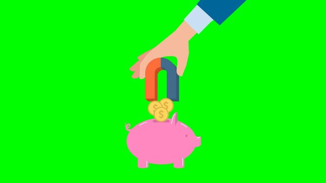 Businessman uses a magnet to suck money from a piggy bank. Monetary policy to control inflation, stimulating deposit to reduce money supply, financial measures. 2d flat animation. Alpha channel