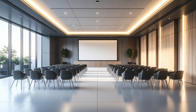 Modern Conference Room with Empty Chairs and Large Screen Ready for Presentation