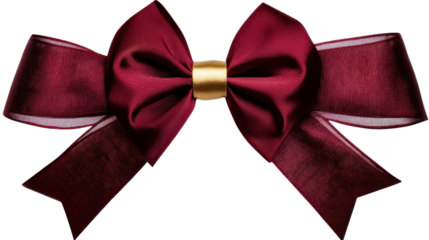 Dark red ribbon bow with gold center embellishment on burgundy hair ribbon with elegant satin texture isolated on white background