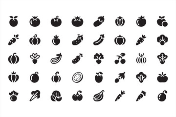 Obraz premium Collection of black glyph fruit and vegetable icons in minimalist flat vector style for healthy food and farm branding