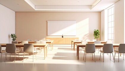 Modern bright classroom with wooden tables chairs and large projection screen ideal for education or business meeting