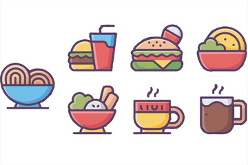 A set of ten vibrant colorful vector line icons featuring burgers, drinks, coffee, noodles, and salads in a playful flat design style