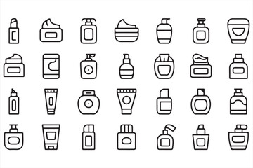 Minimalist vector icon set of skincare and beauty cosmetics including lipstick, lotion, perfume, and cream in clean line style