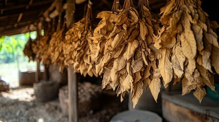 Dried tobacco leaves hanging in a rustic shed