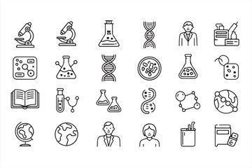  Collection of 20 minimalist black and color-accented vector icons representing science, research, biology, DNA, lab equipment, and global education
