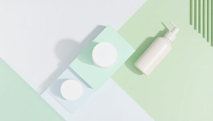 Fototapeta premium Pastel Colored Background with Skincare Products Cream Jars and Pump Bottle Mockup. (3D Render)