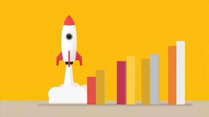 Confident Goal Program concept. Rocket launching with rising bar graphs on a vibrant background.