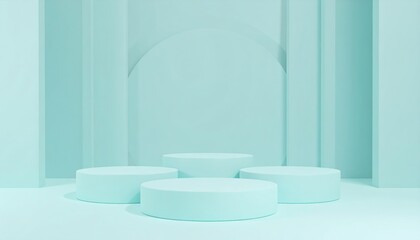 Pastel Blue Minimalist Product Display Platform Three Cylindrical Stands on a Soft Aqua Background. (3D Render)