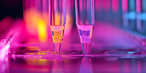 Laboratory Pipette Dispensing Liquids in Colorful Fluids, Close-Up of Chemical Pipette with Vibrant Fluids, Laboratory Experiment with Fluids in Pipettes

