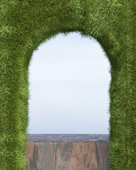 3D render Platform and nature background, Window covered with plants and grass for product display, showcase, mockup or etc