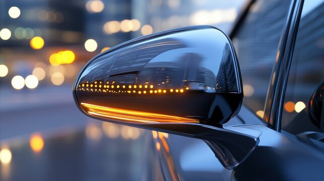 Close-up of a modern car's side mirror with illuminated turn signal at night in a city. - Powered by Adobe