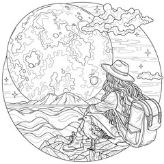 Woman tourist by the sea looking at the full moon in a round frame .Coloring book antistress for children and adults.