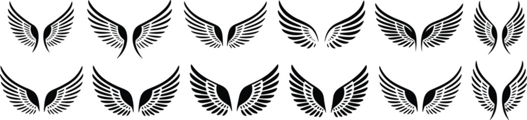 Collection of Black and White Stylized Angel and Bird Wing Silhouettes, Versatile Feathered Designs for Graphic Art, Logos, and Symbolic Concepts.