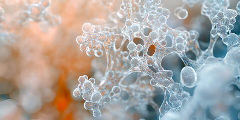 Close-Up of Molecular Structure with Water Bubbles, Molecular Biology with Water and Bubbles, Detailed Molecular Representation with Liquid Bubbles



