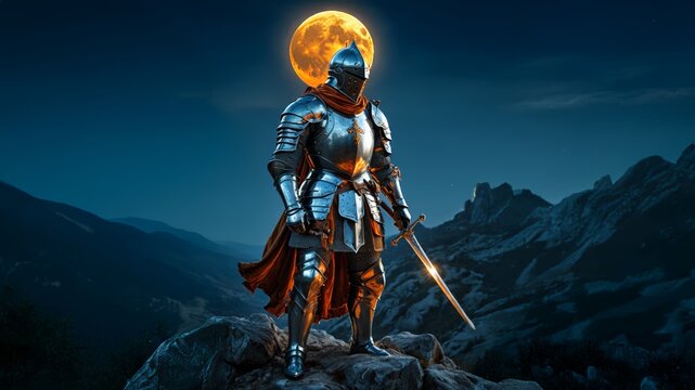 Epic night scene of a heroic knight in full shining armor standing on a mountain peak with a glowing full moon behind. Powerful medieval knight posed on rocky summit. 1
