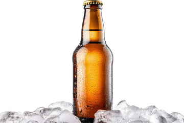 Ice-cold beer bottle glistening with moisture surrounded by ice cubes resting on a transparent backdrop for a refreshing drink experience