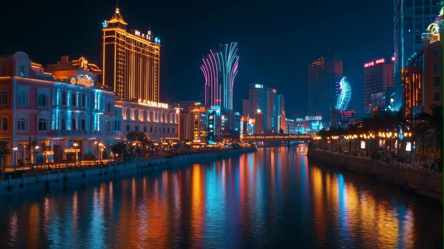 Vibrant Night Cityscape with Colorful Reflections on Water
