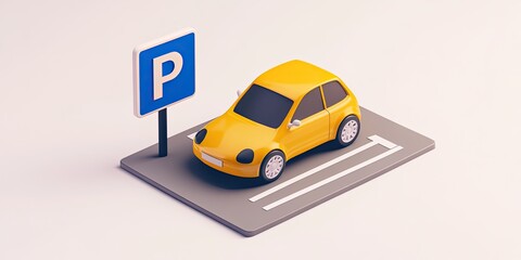 Small yellow car in a parking spot with a parking sign