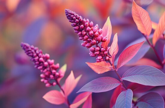 Vibrant pink flowers atop purple-red leaves - Powered by Adobe