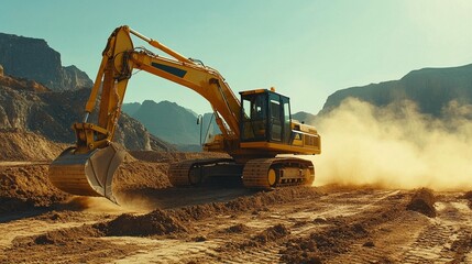 Excavator working on a dusty construction site under a clear sky