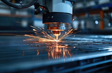Industrial laser cutter in action. Sparks fly as metal is cut