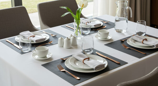 Elegant table setting with white plates and copper cutlery for four - Powered by Adobe