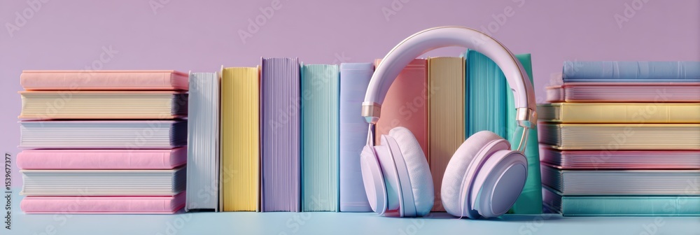 Poster stacked self-help books and headphones create a serene reading environment with calming pastel tones