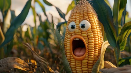 Cartoon corn cob with surprised expression