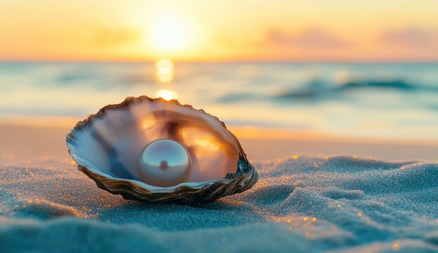 Pearl in seashell at sunrise (1)