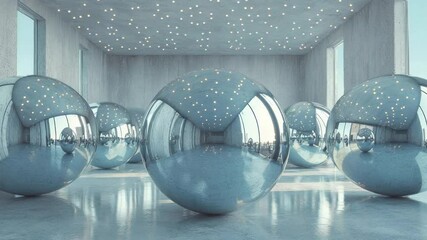 Modern, minimalist interior space featuring large, reflective spheres