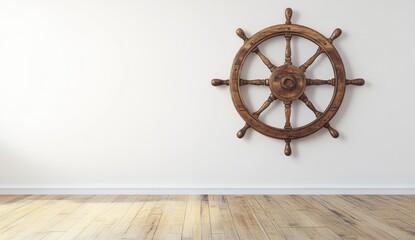 Obraz premium Wooden ship's wheel on a white wall, light room