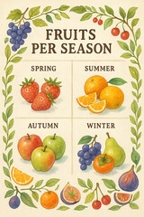 Seasonal Fruit Poster with Fresh Produce for Spring Summer Autumn and Winter Including Strawberries Oranges Apples Grapes Pears and Figs