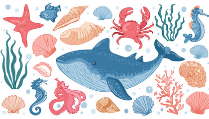 Obraz premium Hand drawn sea animals set. Wild marine life, seashells, fish, seaweed and corals. Whale, octopus, crab, seahorse, dolphin, killer whale, turtle, squid, cachalot. Vector.water, colourful, underwater, 