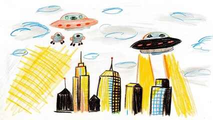 Childlike Drawing Ufos Over City