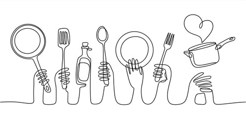 Continuous Line Drawing of Hands Holding Kitchen Utensils