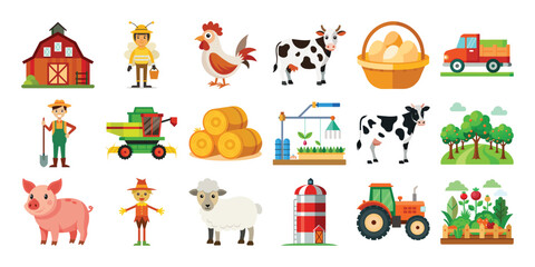 Farm animals and equipment icons set isolated on white background