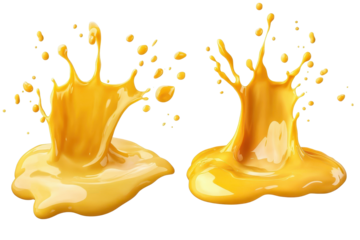 Bright yellow drops and splashes create dynamic patterns on a white surface in a lively artistic expression of motion and fluidity