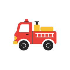 A red cartoon fire truck is isolated on a white background
