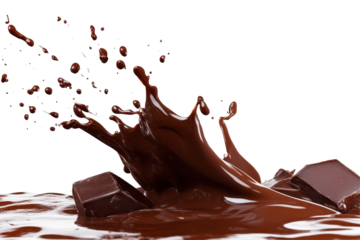 Rich chocolate liquid splashes energetically around chocolate bars in an isolated setting against a transparent background